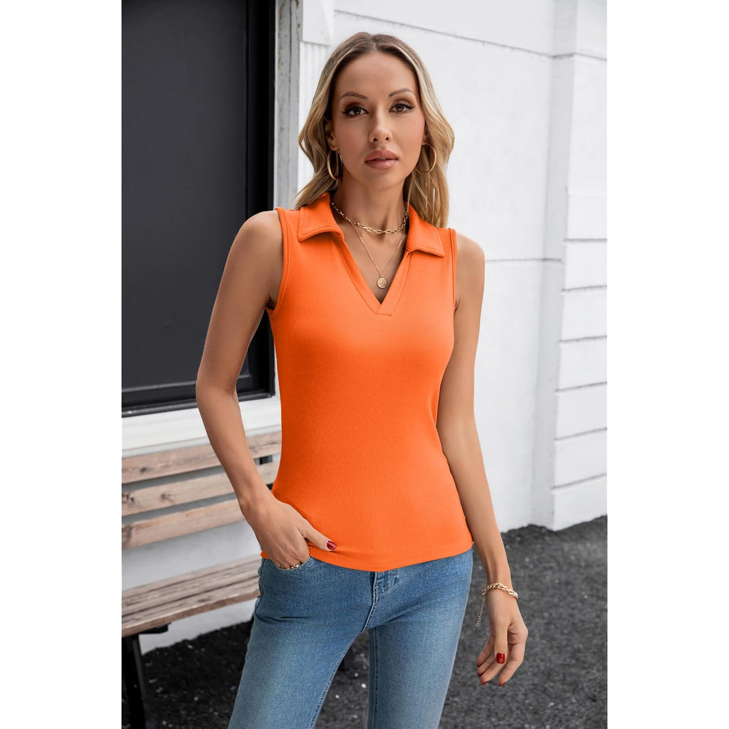 Vichyie Womens Sleeveless Tank Tops Lapel Collared V Neck Slim Fitted Ribbed Knit Tight Polo Tops