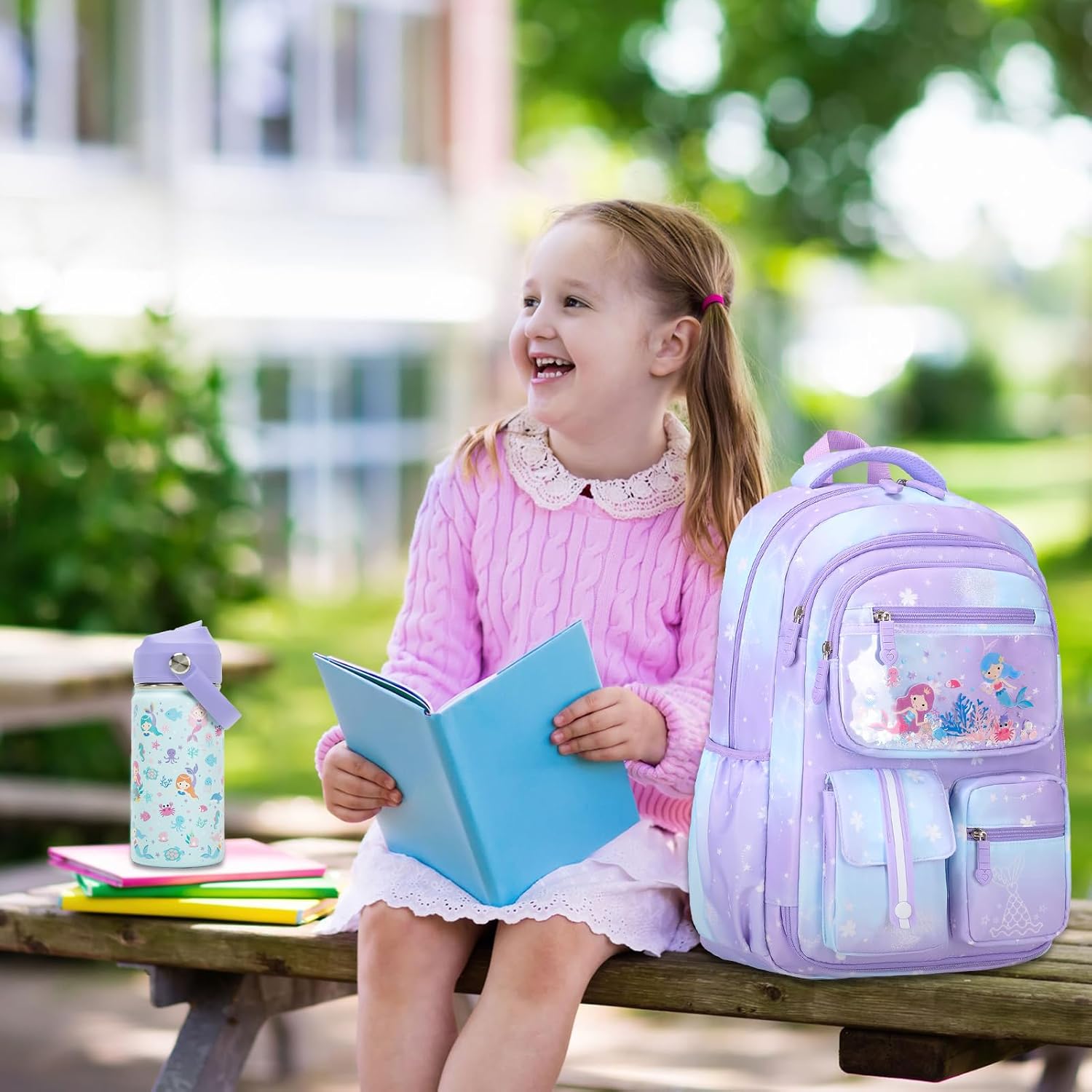 Acesak Kids School Backpack For Girls, Mermaids Bookbag Backpack With 14Oz Water Bottle, Lunch Bag Set For Girlsteens Middle Student, Girls Backpacks For School (Purple)