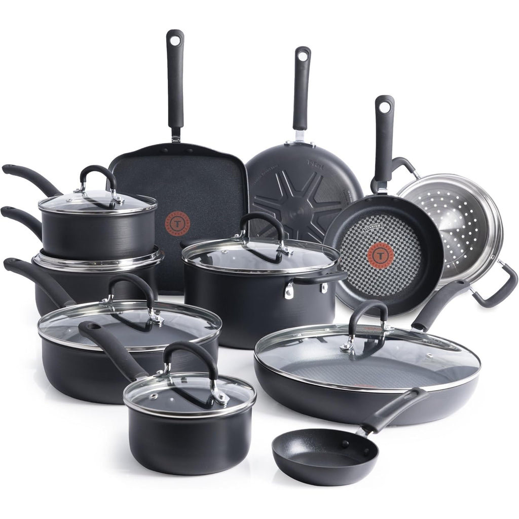 T-Fal Ultimate Hard Anodized Nonstick Pots and Pans Set 17 Piece, Nonstick Cookware Set with Fry Pan, Saucepans, Saute-Pan, Griddle, Dishwasher Safe, Onyx