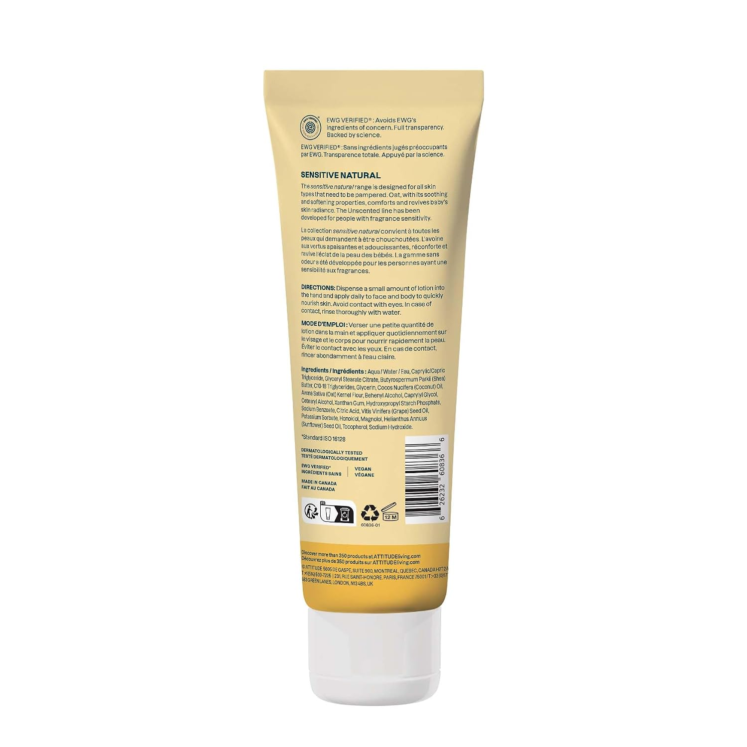 Attitude Baby Lotion For Sensitive Skin With Oat, Ewg Verified, Plant And Mineral-Based Ingredients, Vegan Personal Care Products, Unscented, 8 Fl Oz