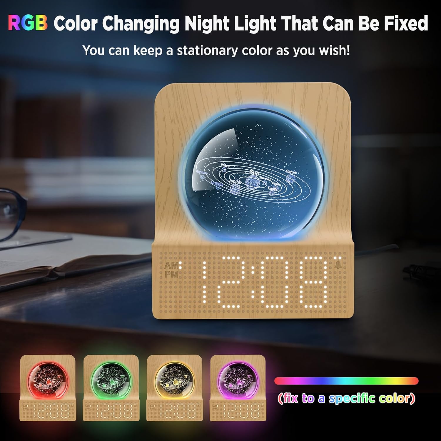 Dreamsky Space Alarm Clock For Kids Teens With Rgb Night Light For Bedroom | Small Digital Clock With Colorful Crystal Ball Decor For Living Room Office, Dimmer, Gifts For Boys Girls Women (Wood Grain)
