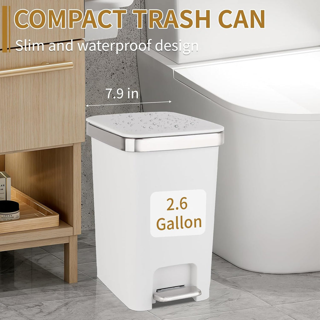 Small Bathroom Trash Can With Lid And 3 Rolls Trash Bags, Step Pedal Wastebasket Plastic Garbage Can With Pop-Up Lid 2.6 Gallon Bin For Kitchen, Bedroom, Office, Dorm, Laundry, Toilet, Rv, White