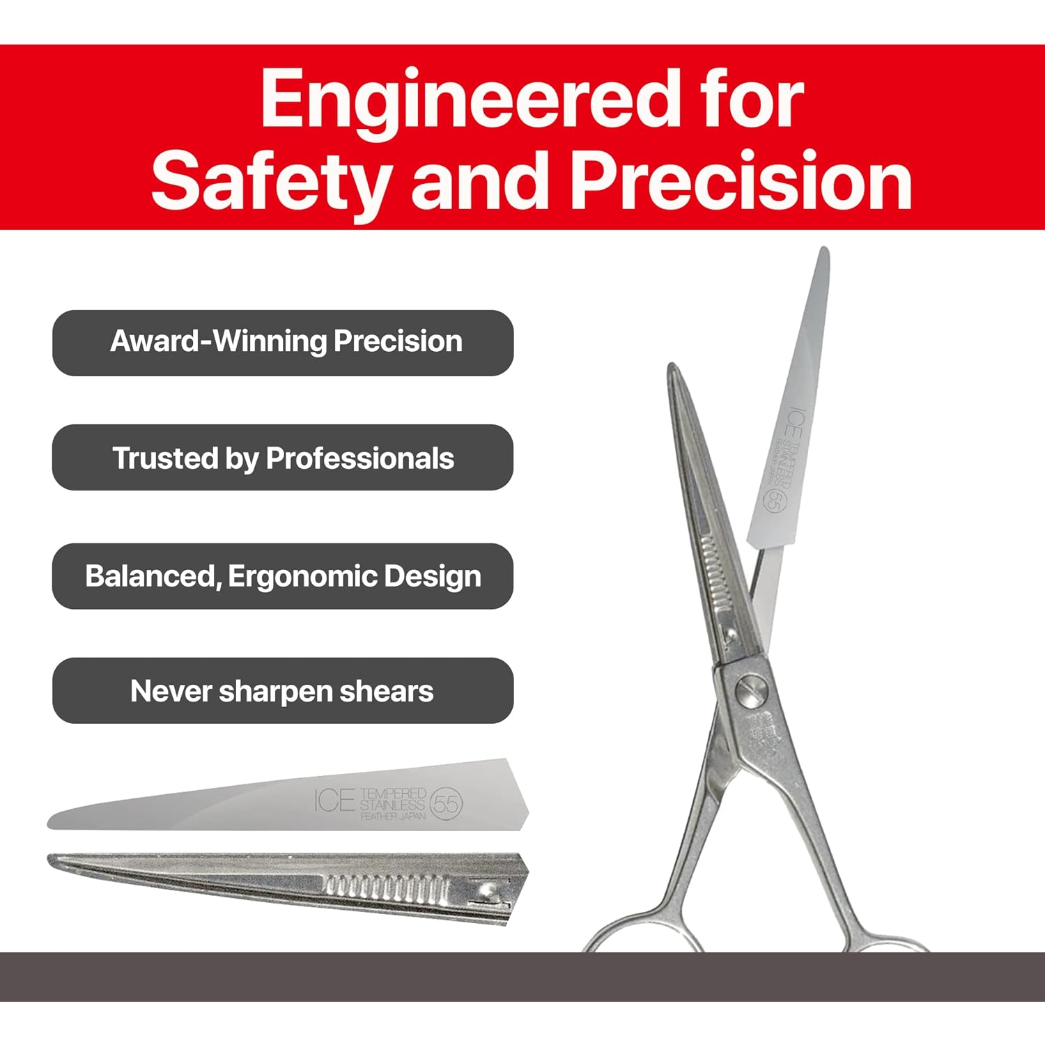 Feather - Switch-Blade Haircutting Shears Replacement Blades - Model 50/55 Scissors For Professional Stylists & Barbers - Stainless Steel - No-Nip Tip - Made In Japan