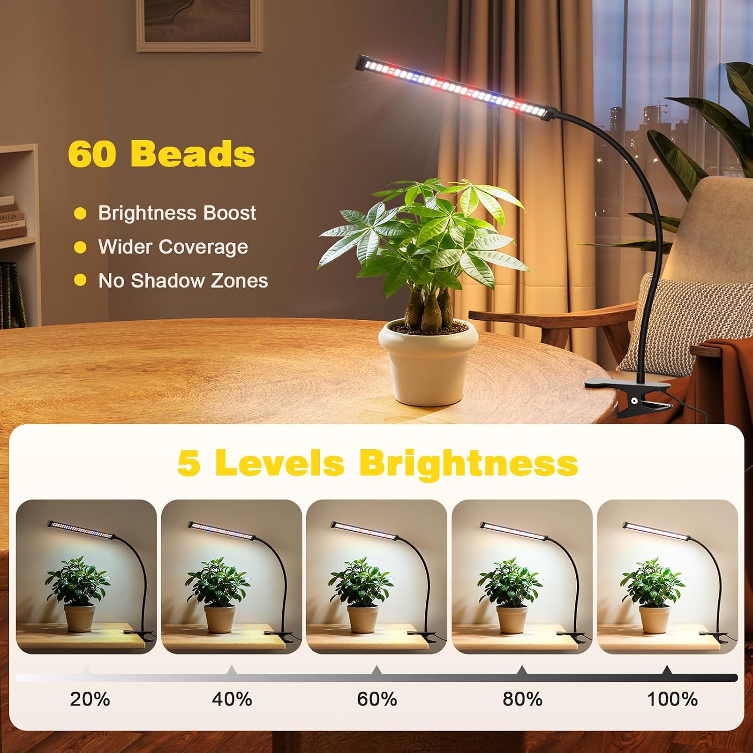 Led Grow Light, 5700K Full Spectrum Clip Plant Growing Lamp With Red Blue White Leds For Indoor Plants, 5-Levels Dimmable, Auto On Off Timing 4/8/12/18Hrs(Single Head)