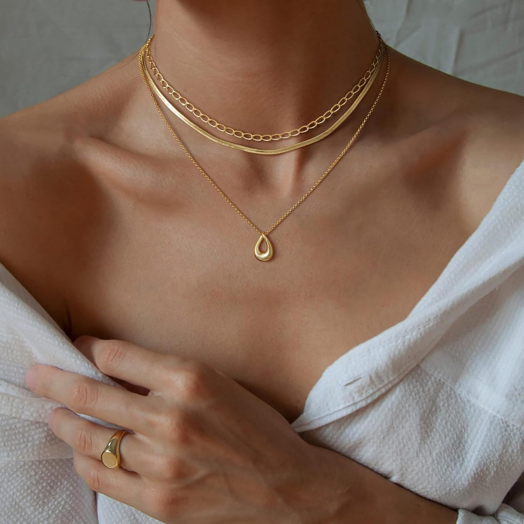 NECOCY Layered Gold Necklaces for Women, Trendy 14k Gold/Silver Plated Pendant Necklace Stack Simple Herringbone Chain Choker Set Gold Jewelry Gifts