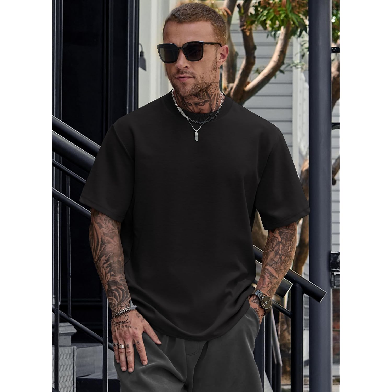 Herberton Mens Oversized T-Shirts Heavyweight Cotton Stretch Fashion Thick Tee Tops (S-3Xl)