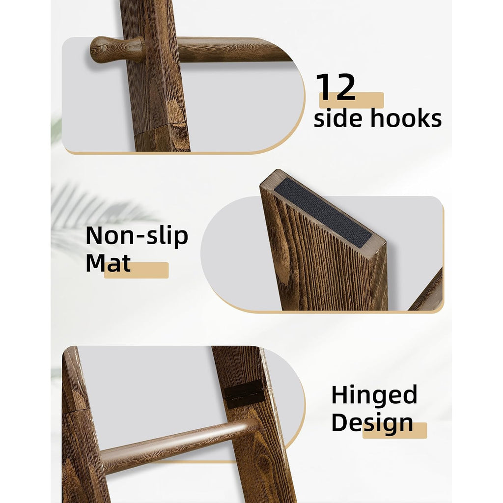 Teakmama 6-Tier 5.4Ft Blanket Ladder With Hanging Knobs Rustic Brown | Farmhouse Wall Leaning Solid Wood Scratch & Slip Proof Quilt Rack, Living Room Bedroom Bathroom, Xmas Deco, Easy Setup