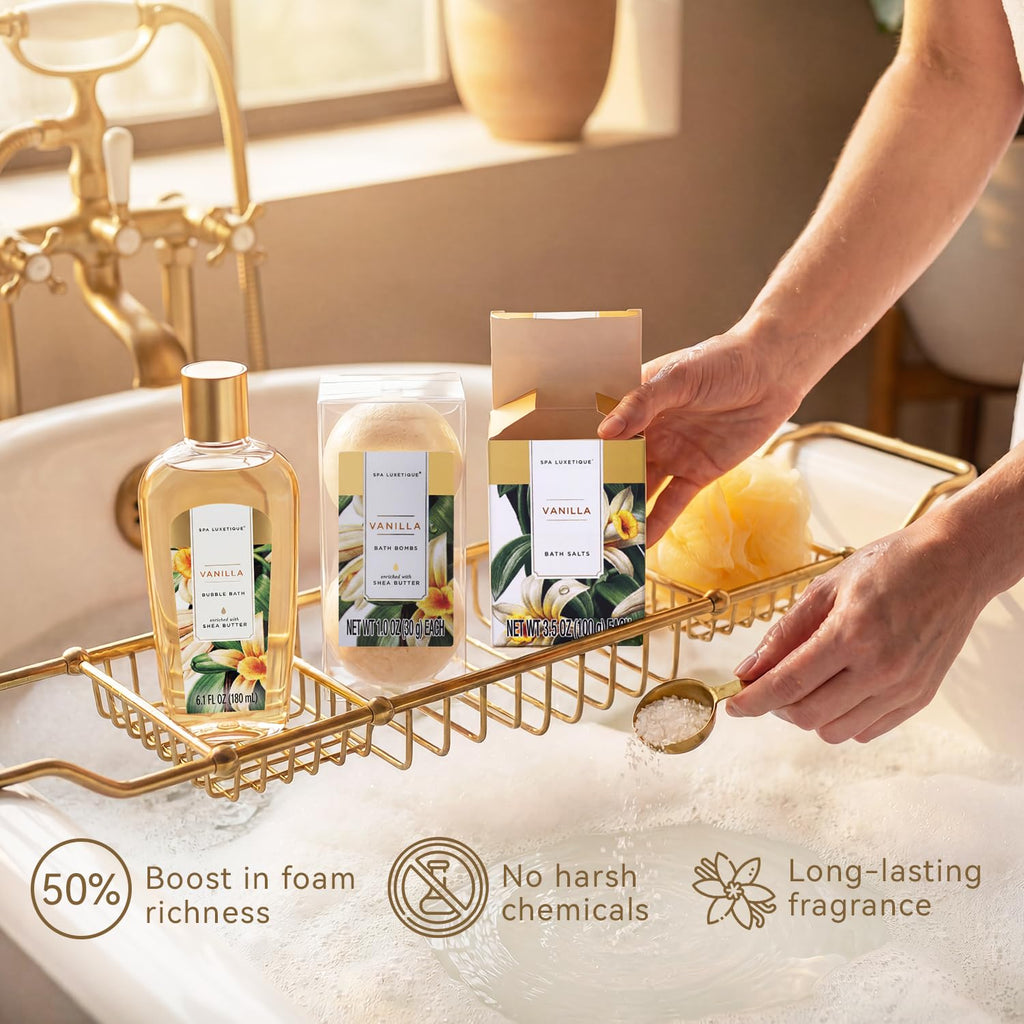 Gift Baskets For Women, Spa Luxetique 8 Pcs Vanilla Mothers Day Gifts For Mom, Birthday Bath And Body Set, Self Care Kit For Her, Including Bubble Bath, Shower Gel, Body Lotion