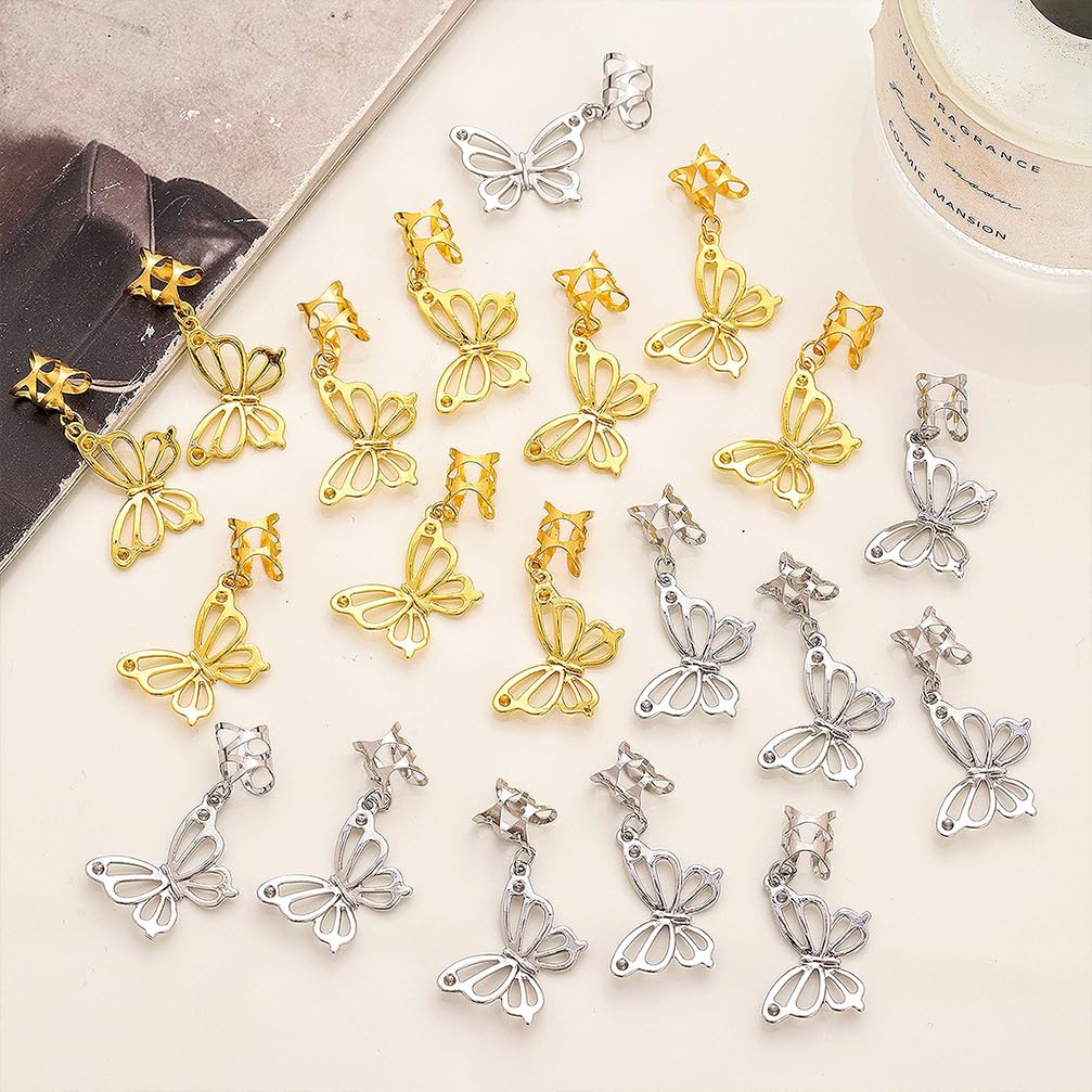 20 Pcs Butterfly Hair Braids Dreadlock Clips, Hollow Metals Cuffs Clip Hair Accessories Styling Fashion Toos for Women Men (Gold)