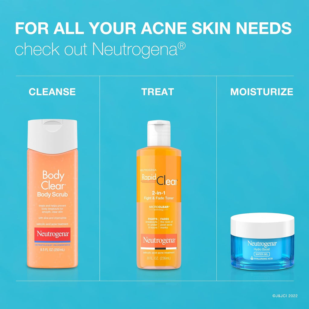 Neutrogena Body Clear Acne Body Wash And Exfoliating Body Scrub, 2% Salicylic Acid Cleanser, Chest, Shoulder & Back Acne Treatment, Non-Comedogenic, Oil-Free Shower Gel, 8.5 Fl Oz