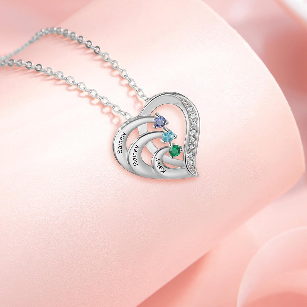 925 Sterling Silver Personalized Mother Necklace with 2-6 Birthstone Necklaces for Women Mothers Day Gifts for Mom Grandma Wife, Engraved Names Heart Charm Pendant for Birthday Anniversary