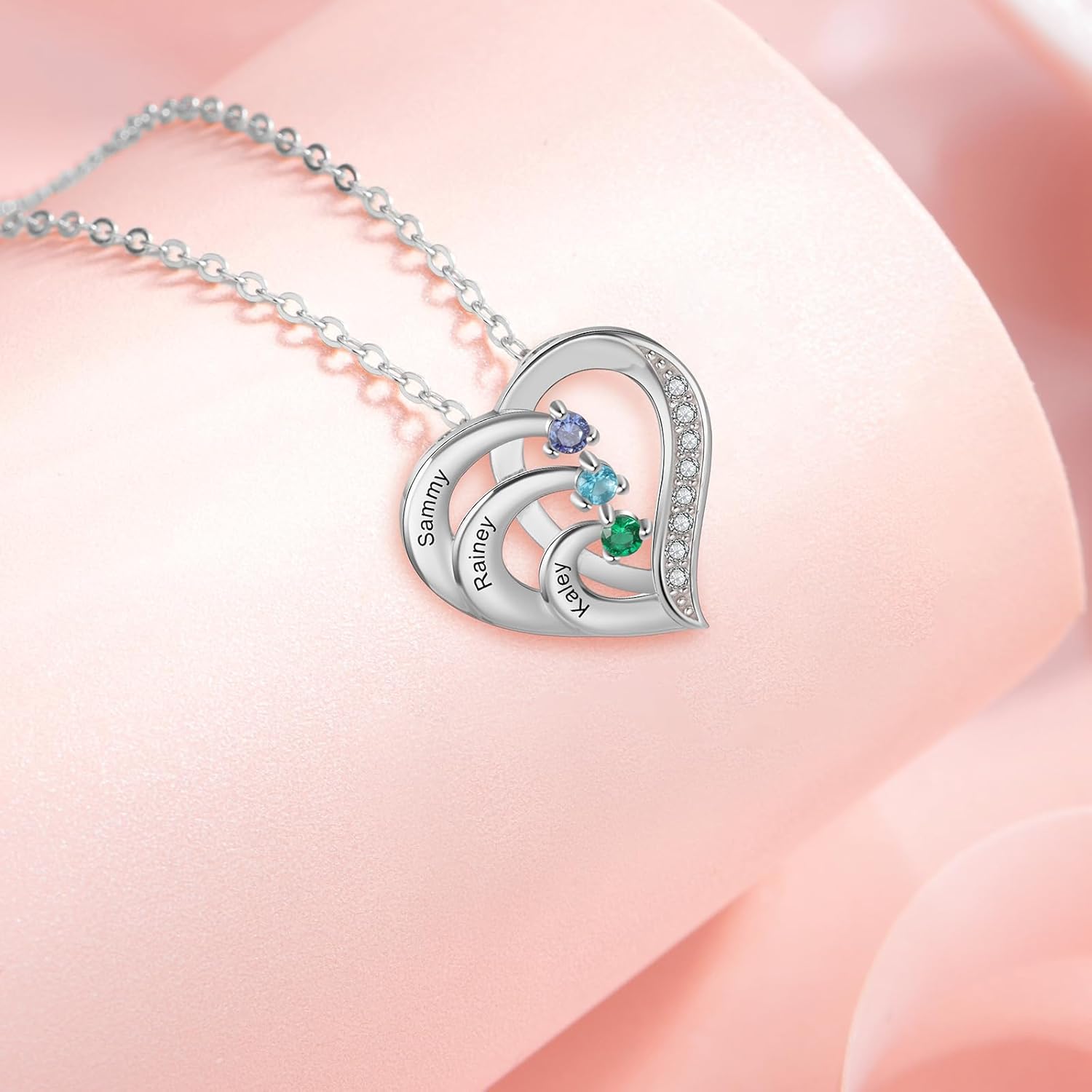 925 Sterling Silver Personalized Mother Necklace with 2-6 Birthstone Necklaces for Women Mothers Day Gifts for Mom Grandma Wife, Engraved Names Heart Charm Pendant for Birthday Anniversary