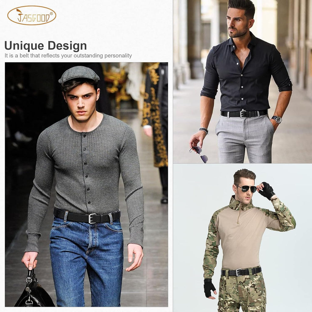 Jasgood Men Double Prong Pu Leather Belt Casual Work Heavy Duty Belt Double Grommet Holes Belt For Jeans
