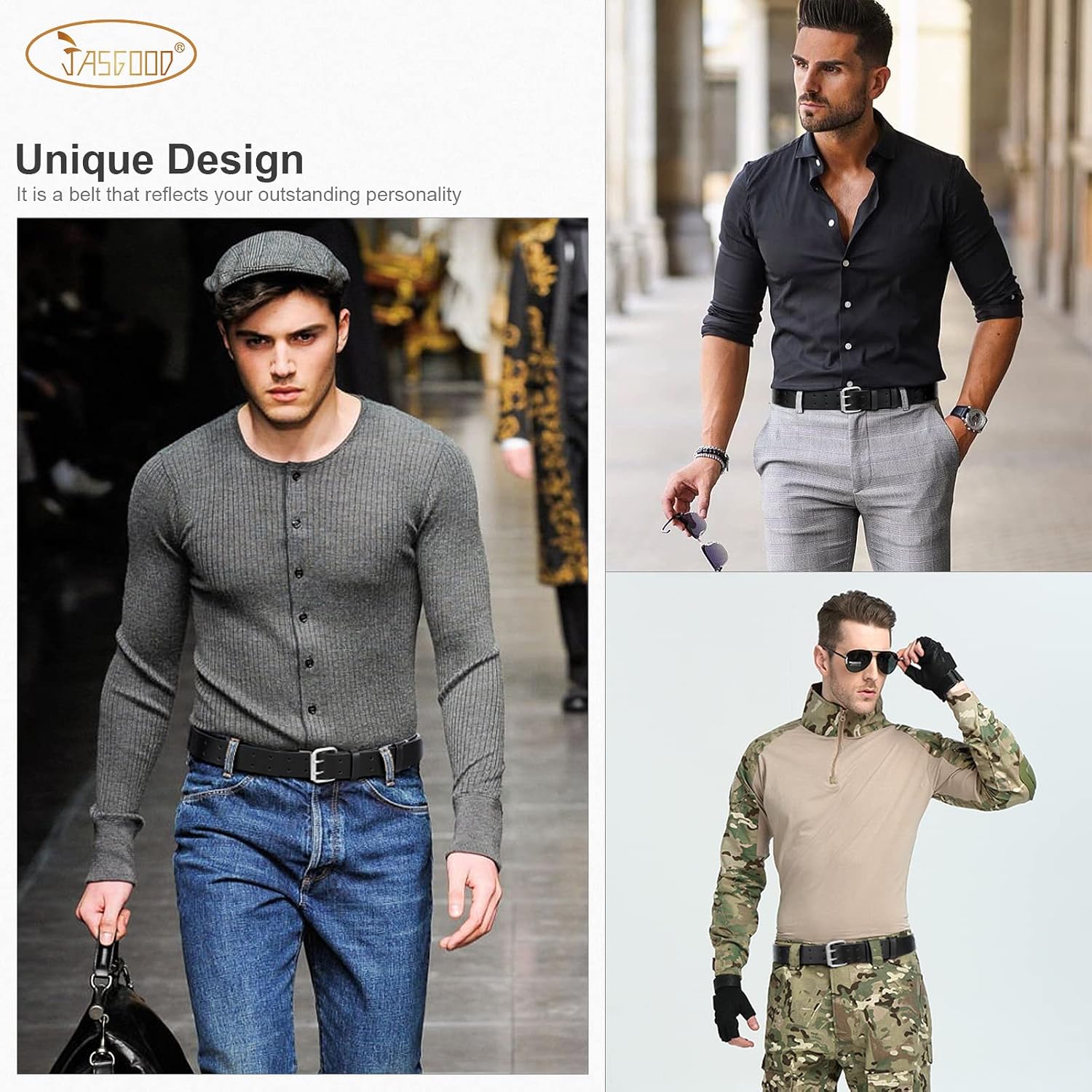 Jasgood Men Double Prong Pu Leather Belt Casual Work Heavy Duty Belt Double Grommet Holes Belt For Jeans