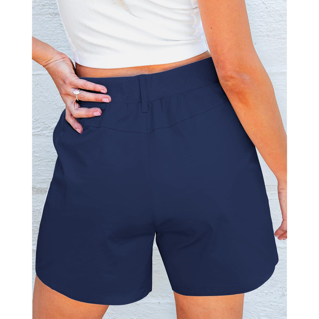 Shorts for Women Trendy Casual Summer High Waisted Chino Shorts Ribbed Elastic Waist Comfy Shorts with Pockets