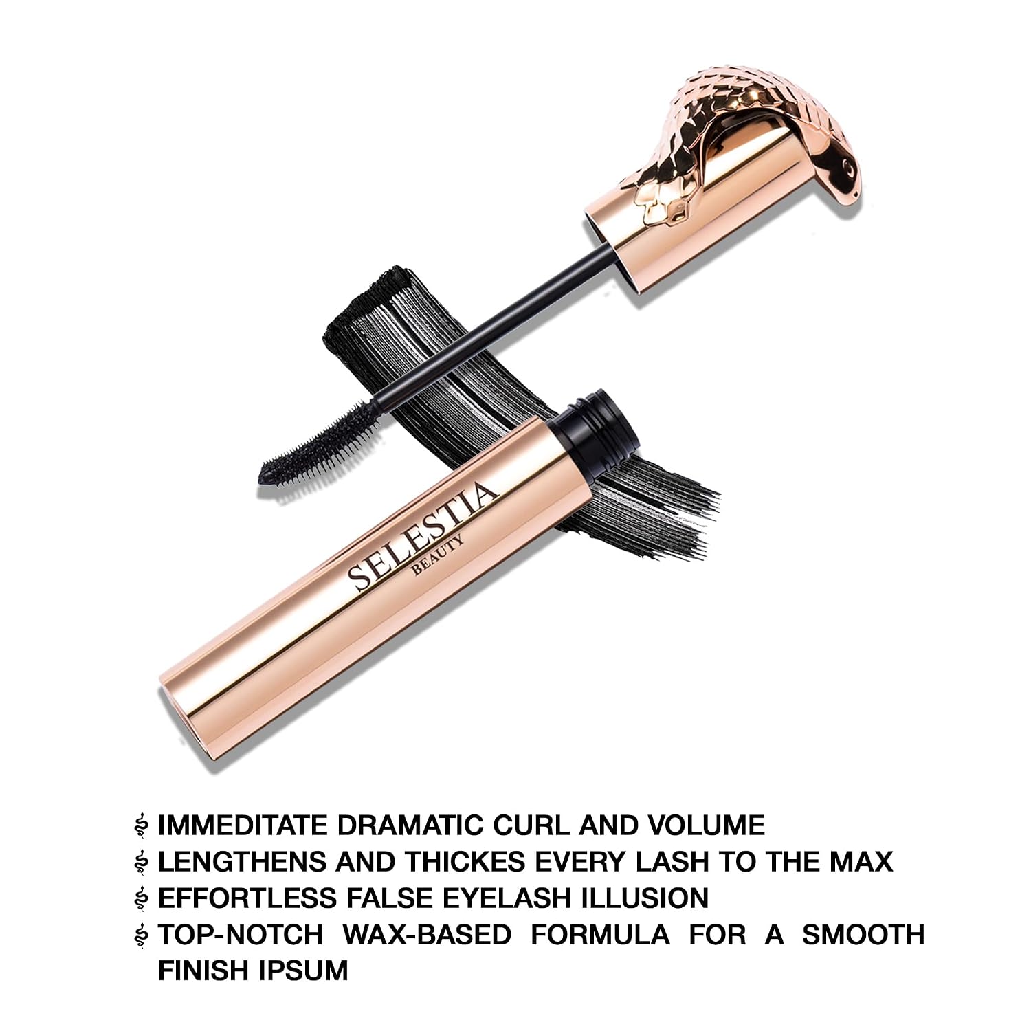 Selestia Beauty Black Mascara Queen Cobra – Volumizing, Curling, Lengthening – Soft Brush For Smooth Application – Long-Lasting & Weather-Proof – 0.34 Fl.Oz. - Made In Italy