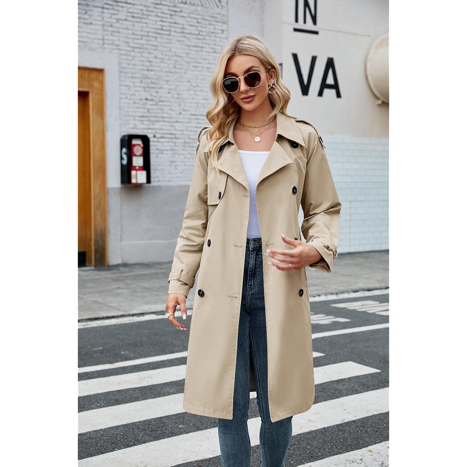 Women'S Double Breasted Long Trench Coat Windproof Classic Lapel Slim Overcoat With Belt