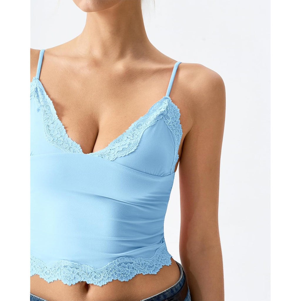 QINSEN Women's Double Layer Crop Cami V-Neck Lace Trim Tank Top with Adjustable Straps Delicate Overlay for Summer