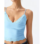 QINSEN Women's Double Layer Crop Cami V-Neck Lace Trim Tank Top with Adjustable Straps Delicate Overlay for Summer