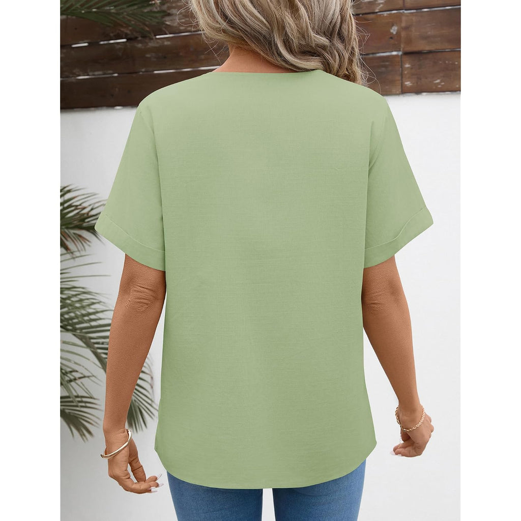 LOMON Womens Short Sleeve Tops Cotton Linen Shirts Loose Casual V Neck Lace Blouses Summer Vacation Clothes