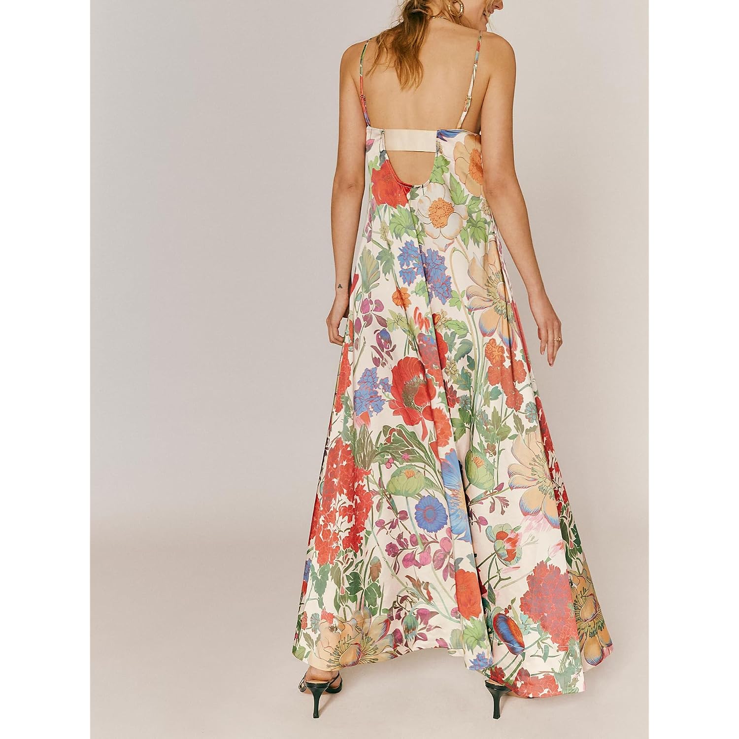 Amiblvowa Women Floral Maxi Dress Sexy Sleeveless Backless A-Line Long Flowy Dress Back Cut Out Spaghetti Strap Sundress