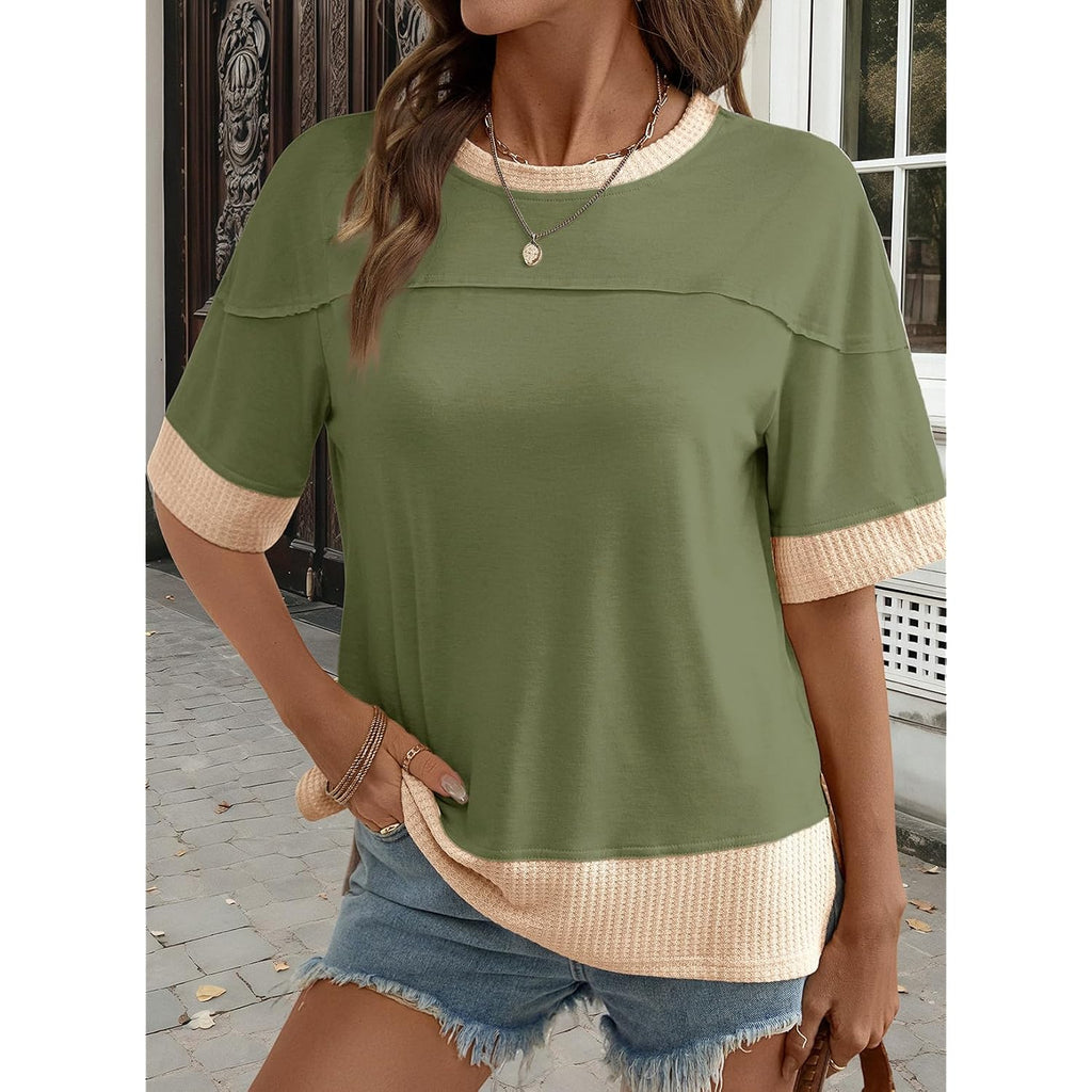 Dokotoo Womens Summer Tops Casual Oversized Short Sleeve T Shirts Crewneck Color Block Side Slit Basic Tee Blouses