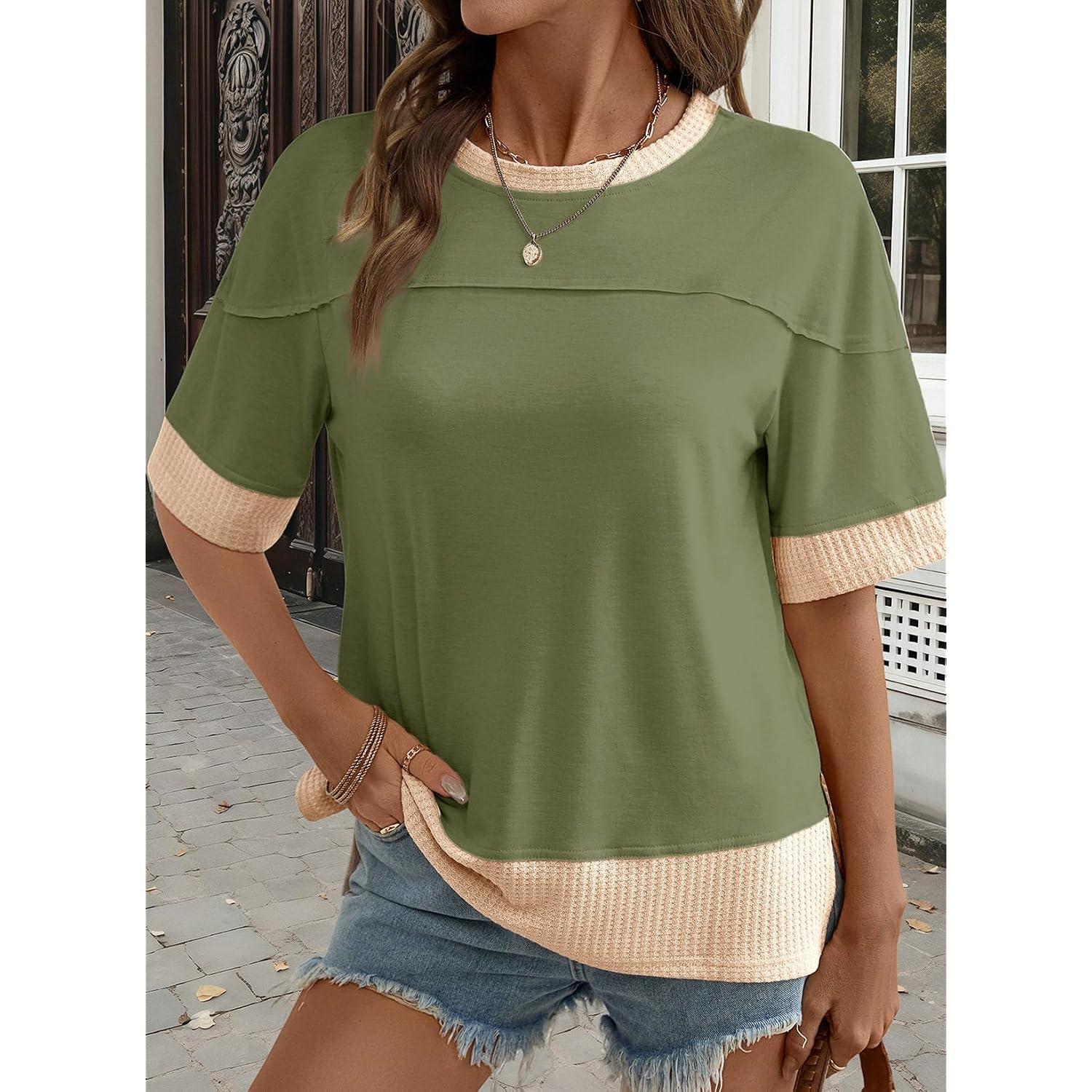 Dokotoo Womens Summer Tops Casual Oversized Short Sleeve T Shirts Crewneck Color Block Side Slit Basic Tee Blouses