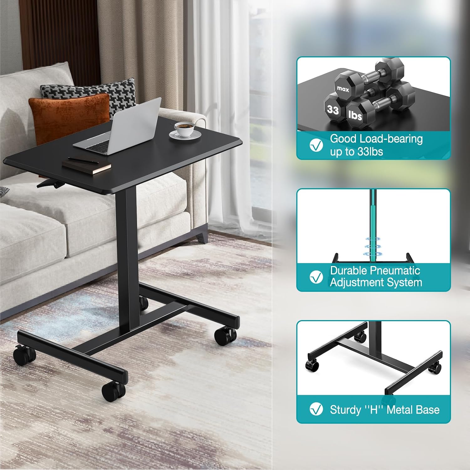 Dumos Mobile Rolling Desk With Wheels Adjustable Height | Small Standing Desks Portable Laptop Pc Table, Computer Workstation For Home Office Small Space, Modern Black