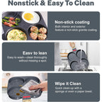 4‑Cup Nonstick Egg Pan Set with Lid – Aluminum Omelette Skillet for Breakfast, Includes Silicone Scraper, Oil Brush, Chopsticks & Cleaning Cloth – Compatible with Gas & Induction Cooktops (Black)