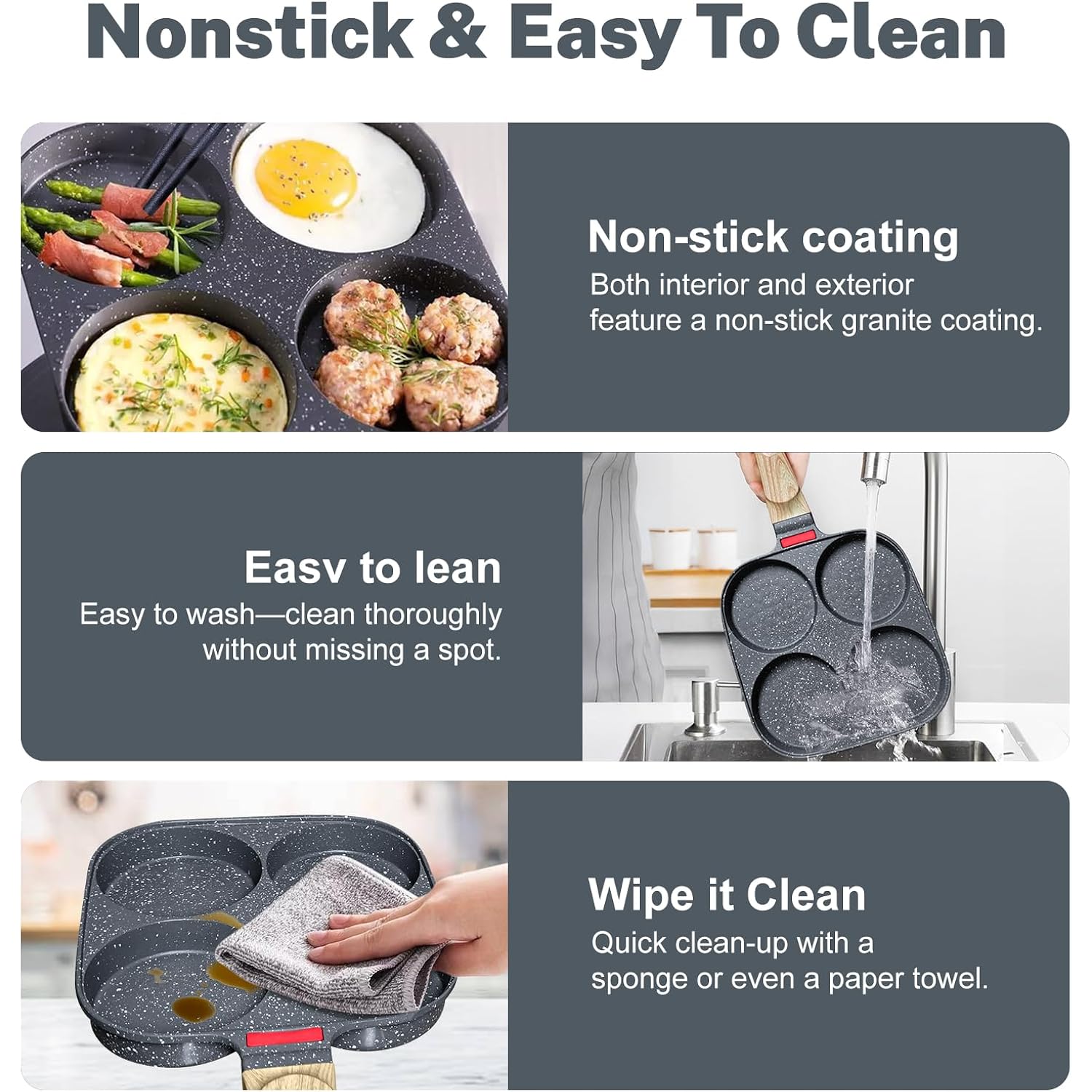 4‑Cup Nonstick Egg Pan Set with Lid – Aluminum Omelette Skillet for Breakfast, Includes Silicone Scraper, Oil Brush, Chopsticks & Cleaning Cloth – Compatible with Gas & Induction Cooktops (Black)
