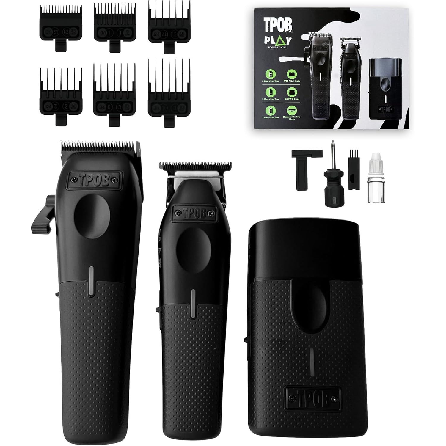 TPOB Play Barber Hair Clippers for Men 7500 RPM with Rubber Grips (Blackout 3 Set)
