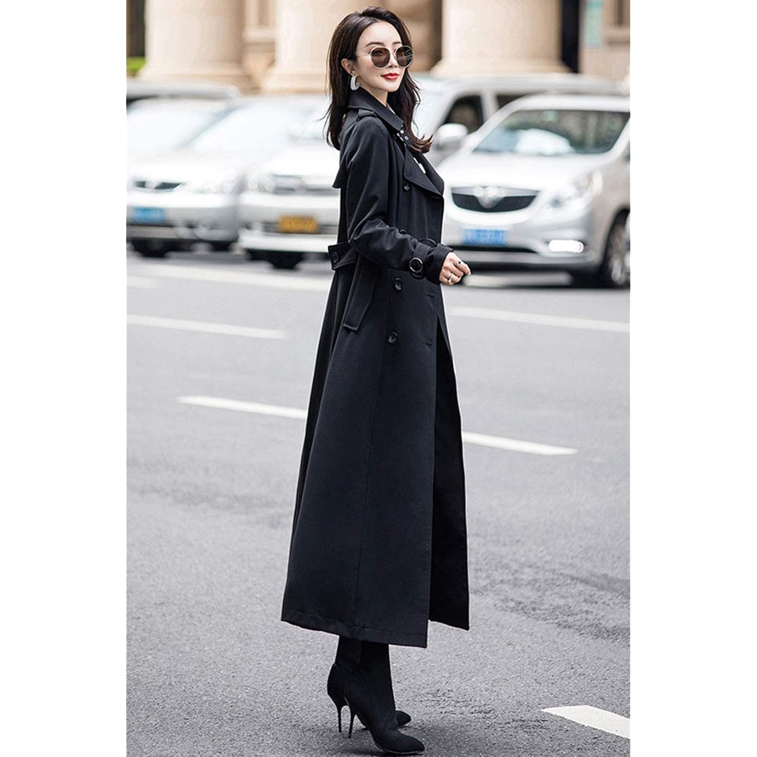 ebossy Women's Double Breasted Duster Trench Coat Slim Full Length Maxi Long Overcoat