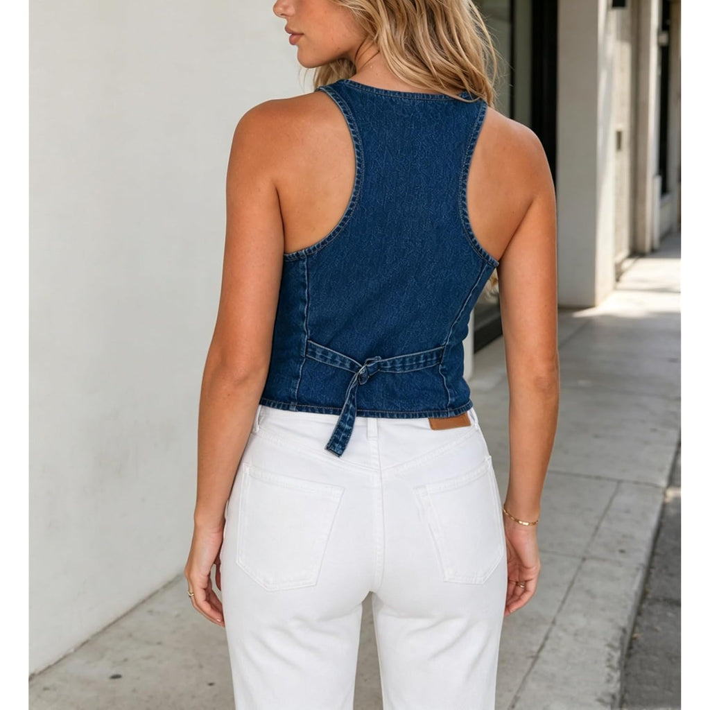 Womens Denim Vest Sleeveless V Neck Jean Vest Top Suit Waistcoat