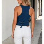 Womens Denim Vest Sleeveless V Neck Jean Vest Top Suit Waistcoat