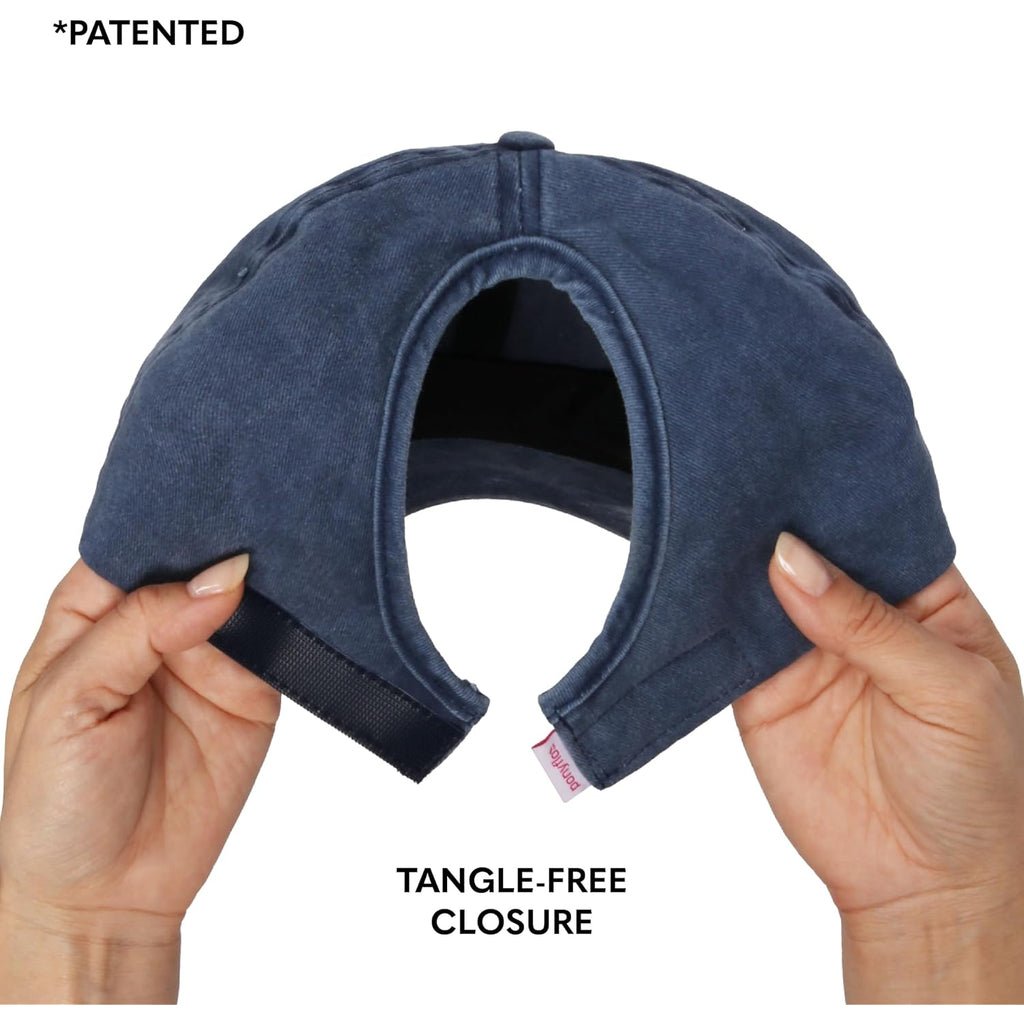 D&Y Vintage Wash Ponytail Hat, Patented Women’s Cotton Ponytail Baseball Cap with Open Back for Ponytails and Buns Jessie Navy