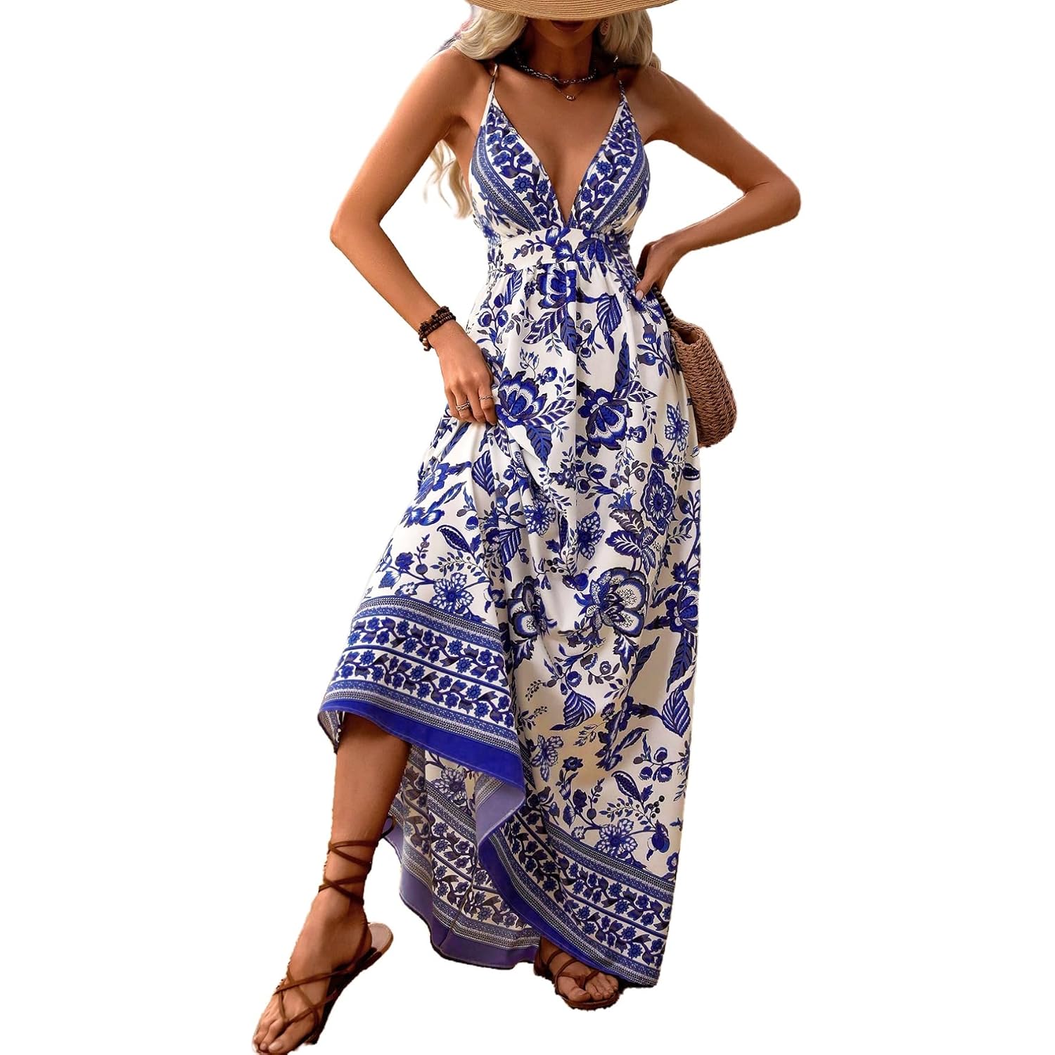 Makemechic Women'S Boho Maxi Dress Summer Luau Outfits Beach Wedding Guest Backless Sundress Flowy Resort Wear
