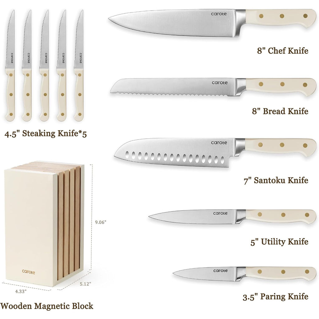 Carote 11 Pieces Knife Set With Block For Kitchen, Stainless Steel Razor-Sharp Blade, Triple Riveted Ergonomic Handle, Wooden Magnetic Block, Essential Knife Block Set, Beige