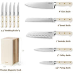 Carote 11 Pieces Knife Set With Block For Kitchen, Stainless Steel Razor-Sharp Blade, Triple Riveted Ergonomic Handle, Wooden Magnetic Block, Essential Knife Block Set, Beige