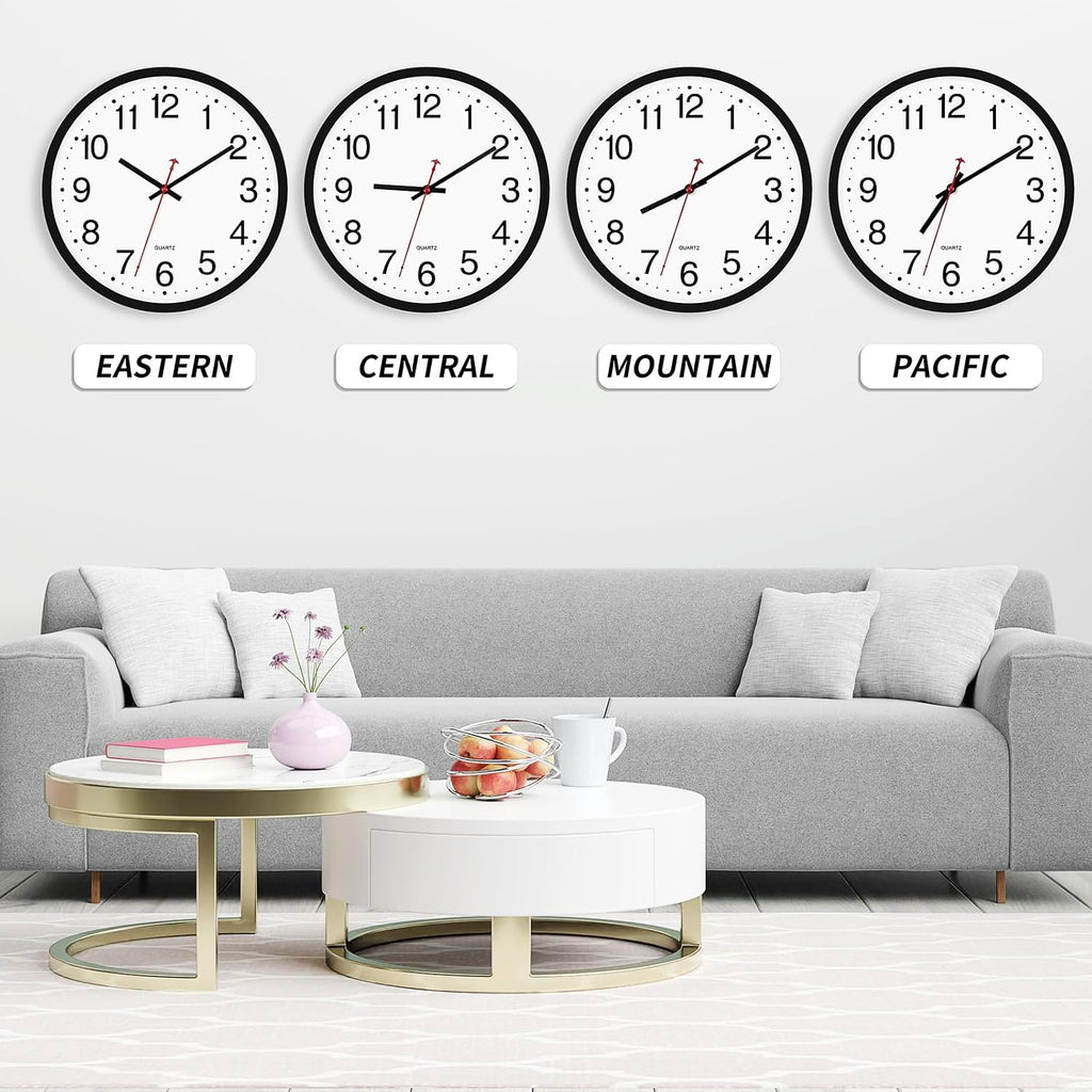 Foxtop 4 Pack Multi-Time Zone Black Wall Clock, 12 Inch Silent Non Ticking Quartz Battery Operated Round Classic Analog Wall Clock For Classroom School Office Living Room Bedroom Home
