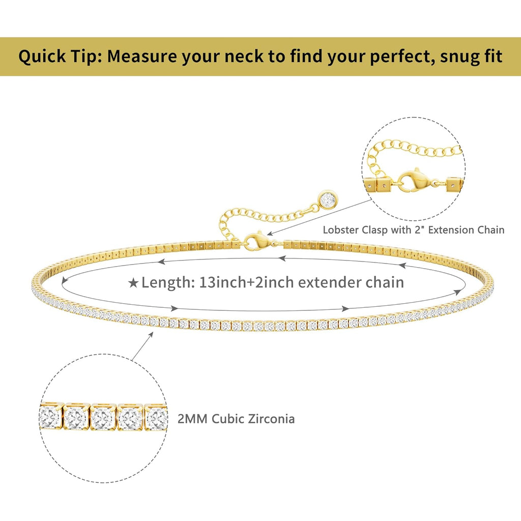 Robaice Tennis Necklace for Women, 14K Gold/Silver Plated Rhinestone Choker Necklace for Women, Dainty Cubic Zirconia Cut Faux Diamond Chain