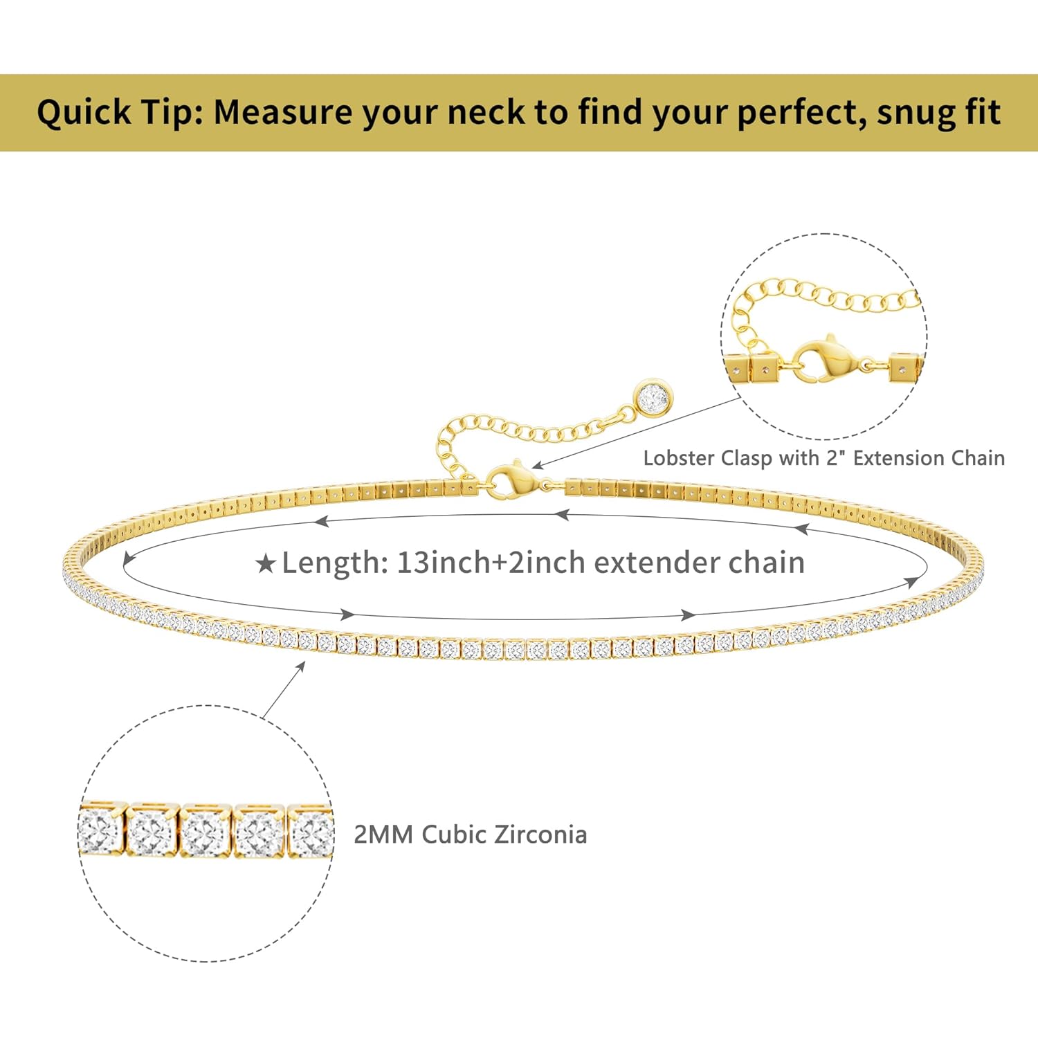 Robaice Tennis Necklace for Women, 14K Gold/Silver Plated Rhinestone Choker Necklace for Women, Dainty Cubic Zirconia Cut Faux Diamond Chain