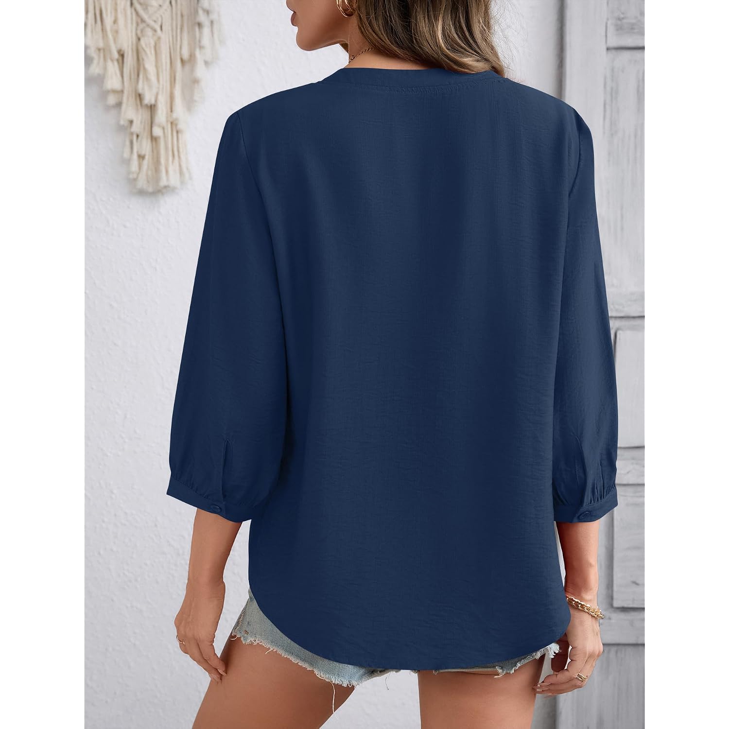 LOMON Womens 3/4 Sleeve V Neck Boho Peasant Blouses Dressy Casual Breathable Soft Tunic Tops with Button Cuffs