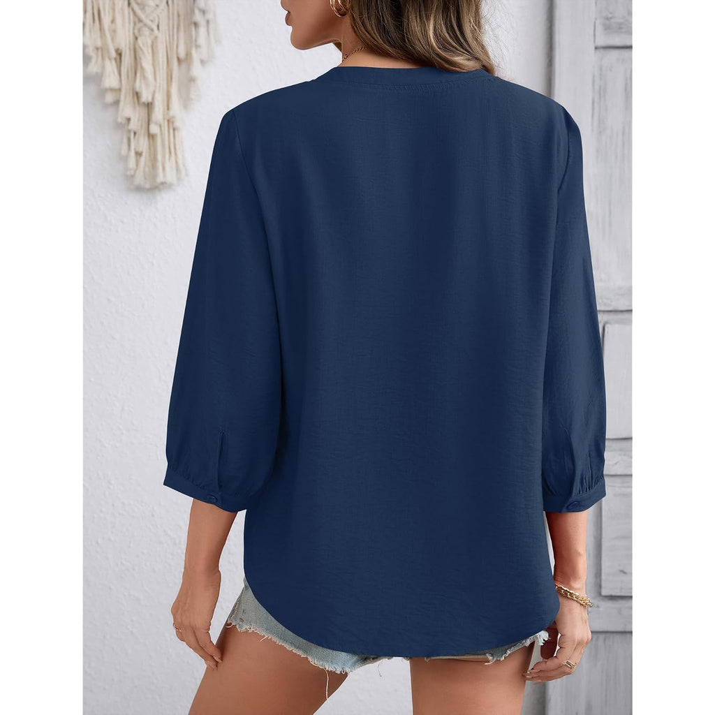 LOMON Womens 3/4 Sleeve V Neck Boho Peasant Blouses Dressy Casual Breathable Soft Tunic Tops with Button Cuffs