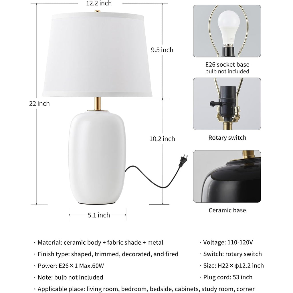 22 Inch White Ceramic Table Lamps Set Of 2, Fabric Lampshade Living Room Office Desk Lamp, E26 Socket Rotary Switch Lighting For Bedroom, Nightstand, Reading, Office, Study, Corner, Home Decor