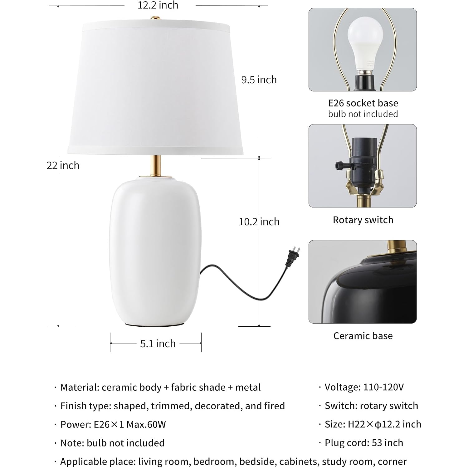 22 Inch White Ceramic Table Lamps Set Of 2, Fabric Lampshade Living Room Office Desk Lamp, E26 Socket Rotary Switch Lighting For Bedroom, Nightstand, Reading, Office, Study, Corner, Home Decor