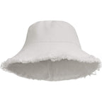 Womens Bucket-Hat Distressed Sun-Protection Washed-Cotton - Summer Wide Brim Beach Cap(7 1/8 Size) (White 01)