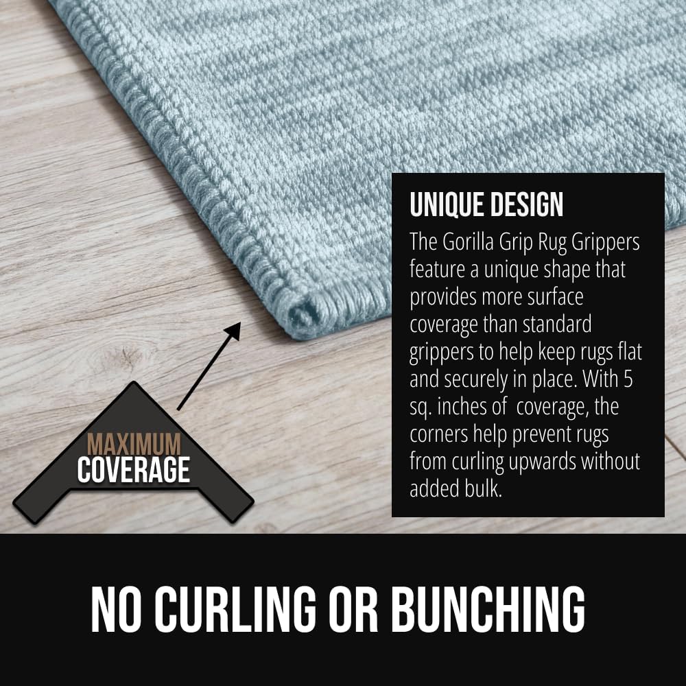 GORILLA GRIP® Extra Wide Dual Sided Rug Gripper Pads, Holds Carpet in Place on Hardwood Floors and Tile, Removable Reusable Sticky Corner Grippers, Universal Fit Floor Pad for Under Area Rugs, 4 Pack