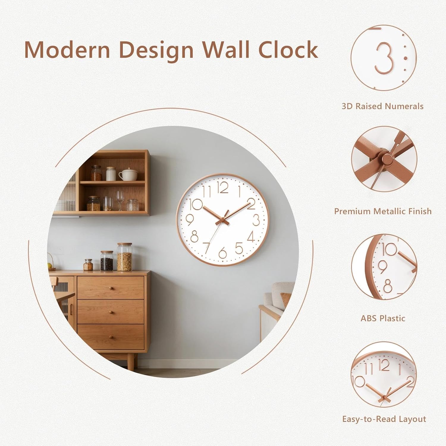 Daxsmy Wall Clock - 8 Inch Silent Non-Ticking Modern 3D Wall Clocks Battery Operated - Decorative Clock For Kitchen, Home Office, Bathroom, Bedroom(Rose Gold)