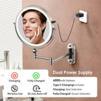 Zlokla 9" Wall Mounted Lighted Makeup Mirror,4000Mah Rechargeable Double Sided 1X/30X Magnifying Mirror With Light,Touch Dimmable,Extended Arm 360 Rotation Wall Mounted Makeup Mirror 3 Color Lights-N