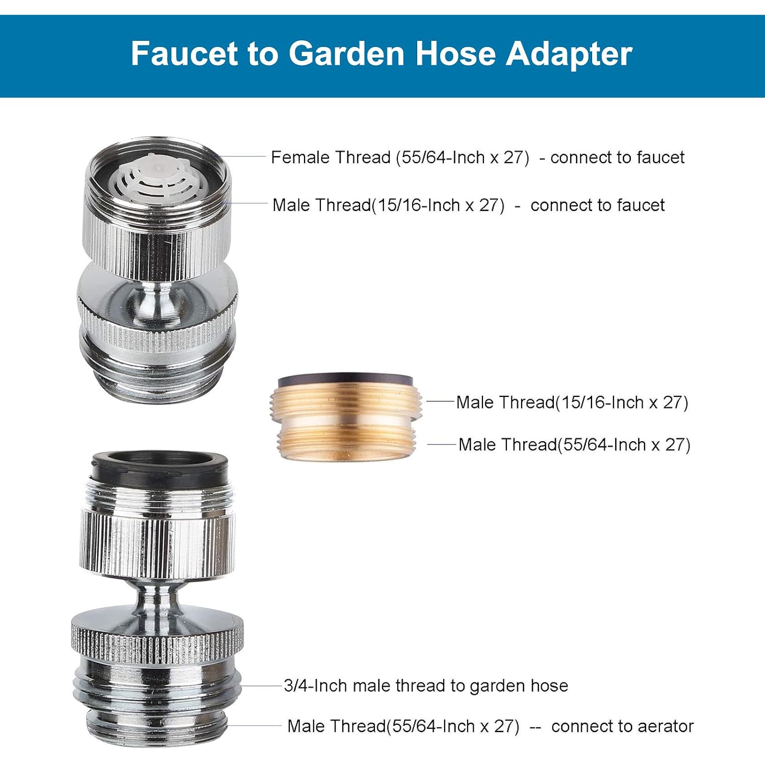 Hibbent Faucet Adapter Kit, Swivel Aerator Adapter To Connect Garden Hose - Multi-Thread Kitchen Sink Faucet To Garden Hose Adapter 3/4 Inch - Chrome Finished